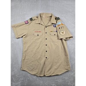 Boy Scouts of America Uniform Shirt Mens XL Tan Scoutmaster Patches Short Sleeve